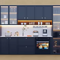 Modern Dark Blue Sideboard With Glass Doors LED Lighting And Dinnerware Storage