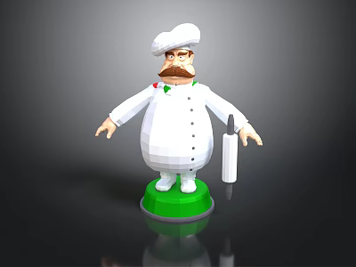 3D Chef Figurine In White Uniform With Chef Hat Mustache And Green Base Holding Bottle 3d model