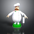 3D Chef Figurine In White Uniform With Chef Hat Mustache And Green Base Holding Bottle