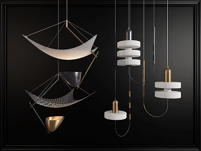 Modern Pendant Lights with Unique Shapes Metallic Structures and White Elements in Contemporary Interior 3d model