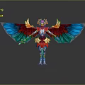 Vibrant Parrot Mythical Character With Colorful Wings Red Gold Costume Headdress And Weapon