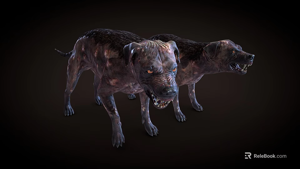 Fierce Zombie Dogs With Tattered Skin Red Eyes And Dark Background 3d model 