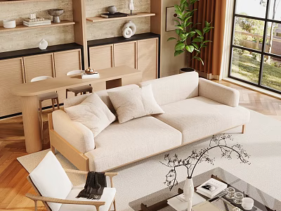 Modern Beige Sofa and Wooden Coffee Table With Decorative Pillows Area Rug and Green Plant 3d model