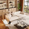 Modern Beige Sofa and Wooden Coffee Table With Decorative Pillows Area Rug and Green Plant