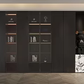 Modern Dark Colored Bookcase Featuring Glass Doors Built in Lighting And Decorative Items
