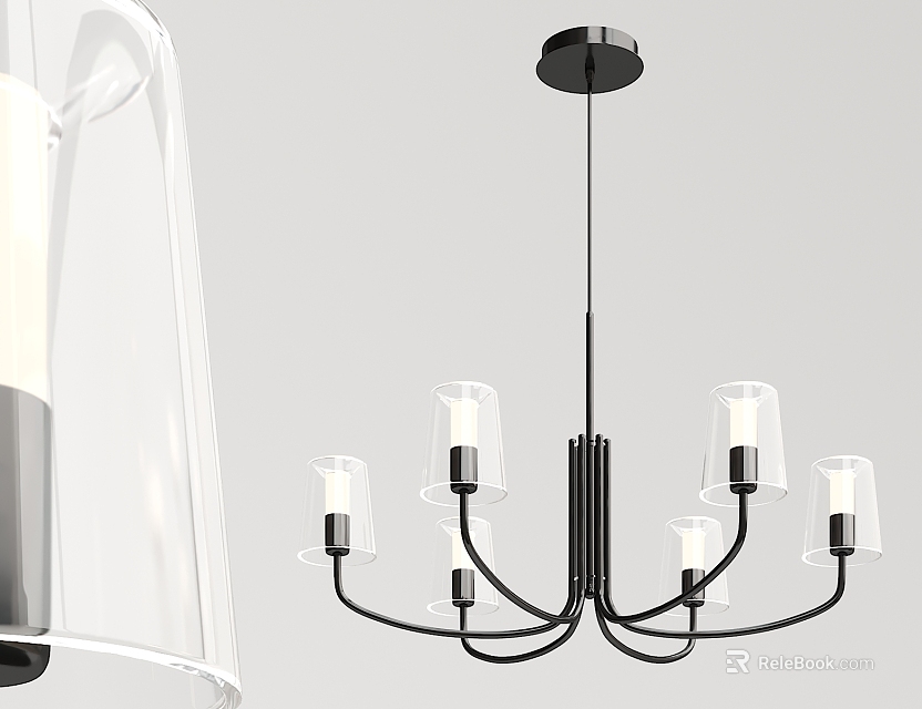 Modern Chandelier with Black Metal Frame Clear Glass Shades and Multiple Arms Design 3d model 