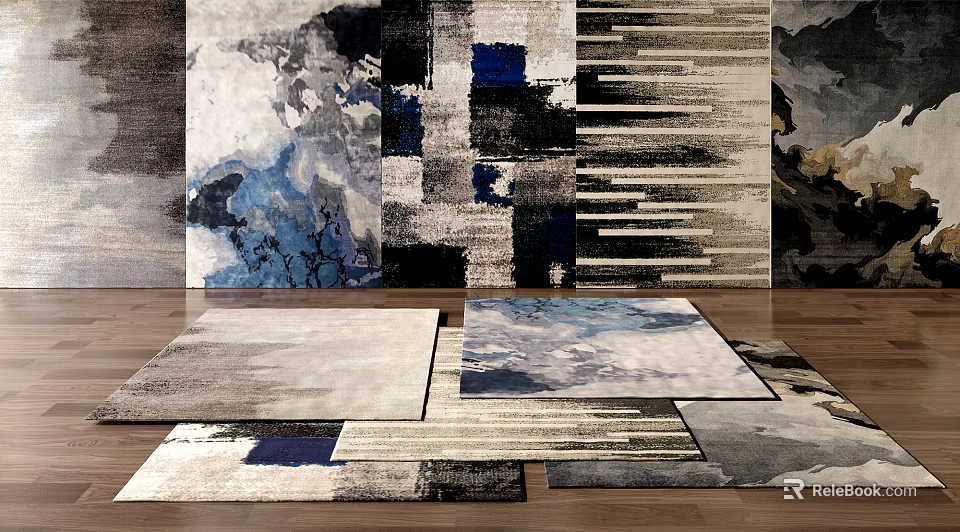 Modern Square Rugs Featuring Abstract Geometric Patterns In Black White Blue Gray Tones 3d model
