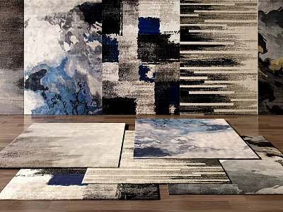 Modern Square Rugs Featuring Abstract Geometric Patterns In Black White Blue Gray Tones 3d model