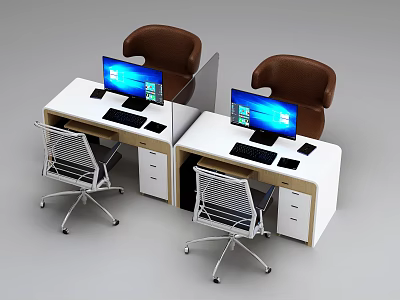 Two Modern Office Desks With Computer Monitors And Rolling Office Chairs 3d model