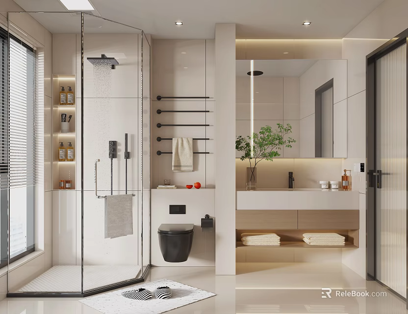 Modern Bathroom Interior Design With Shower Area Toilet Vanity And Plants 3d model 