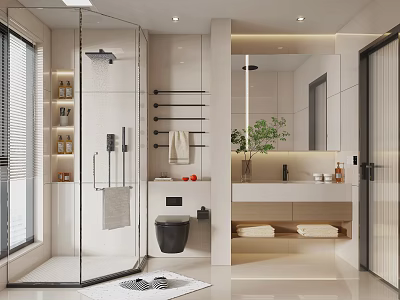 Modern Bathroom Interior Design With Shower Area Toilet Vanity And Plants 3d model