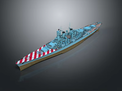 Warship 3D Model With Red And White Striped Hull Gray Body Multiple Turrets And Superstructure 3d model