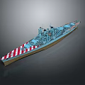 Warship 3D Model With Red And White Striped Hull Gray Body Multiple Turrets And Superstructure