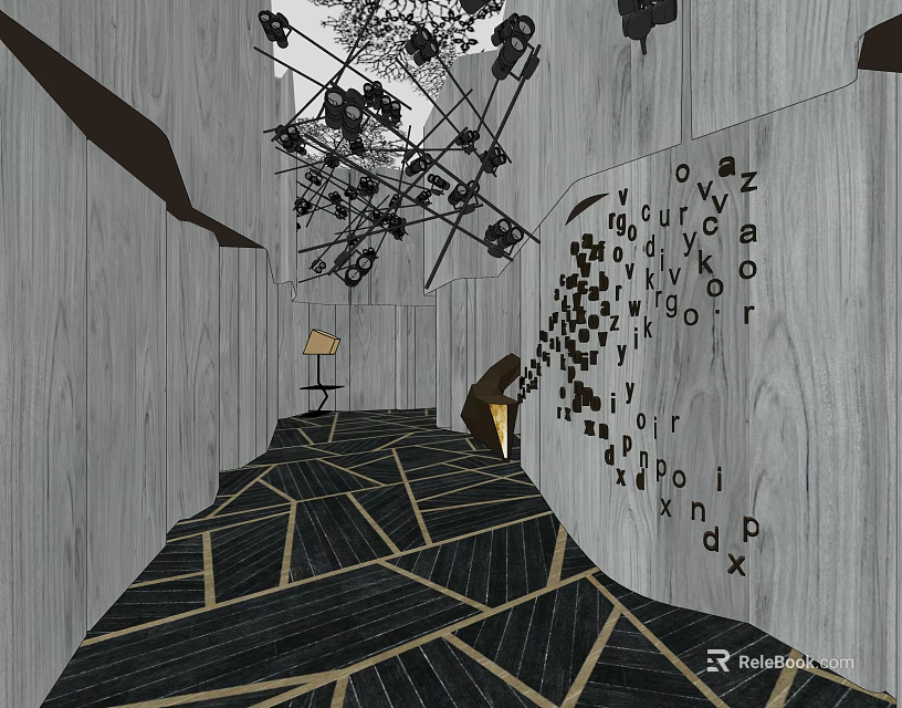 Elevator Hallway With Wooden Walls Geometric Patterned Floor And Letter Decorations 3d model 