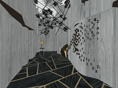 Elevator Hallway With Wooden Walls Geometric Patterned Floor And Letter Decorations 3d model