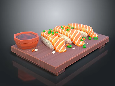 Fresh Salmon Sushi Rolls on Wooden Tray with Soy Sauce Green Garnish and Sesame Seeds 3d model