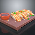 Fresh Salmon Sushi Rolls on Wooden Tray with Soy Sauce Green Garnish and Sesame Seeds