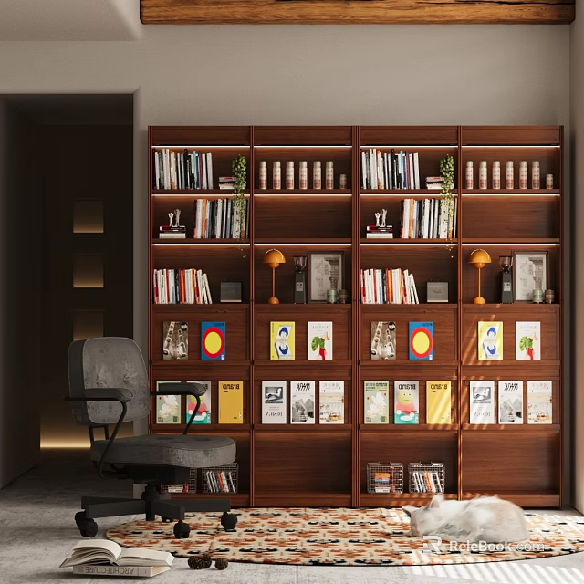 Wooden Multitiered Bookcase With Books Table Lamps Art Prints And Reading Chair In Modern Interior 3d model 