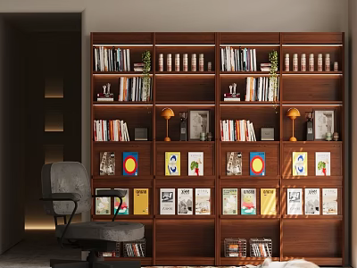 Wooden Multitiered Bookcase With Books Table Lamps Art Prints And Reading Chair In Modern Interior 3d model