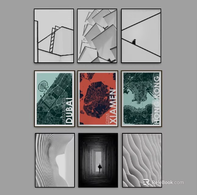 Abstract Paintings Collection With Nine Pieces Geometric Shapes City Map Elements Lines And Color Blocks 3d model 