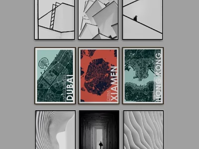 Abstract Paintings Collection With Nine Pieces Geometric Shapes City Map Elements Lines And Color Blocks 3d model
