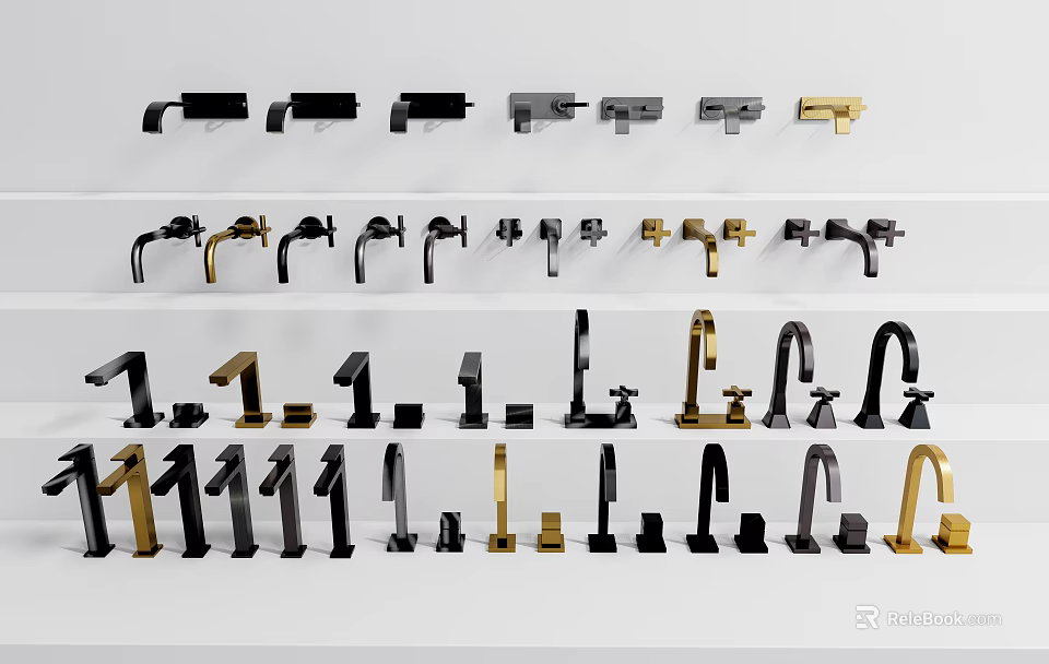Assorted Modern Faucet Designs In Black Gold Silver For Kitchen Bathroom Spaces 3d model 