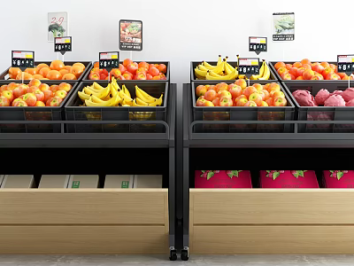 Fruit Display Shelves with Banana Apple Strawberry Price Tags and Wooden Drawers 3d model