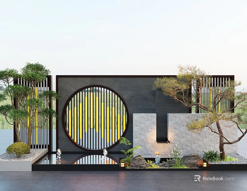 Decorative Chinese Black Landscape Feature Wall With Circular Outline Yellow Stripes Green Plants And Water 3d model 