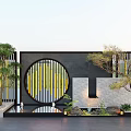 Decorative Chinese Black Landscape Feature Wall With Circular Outline Yellow Stripes Green Plants And Water