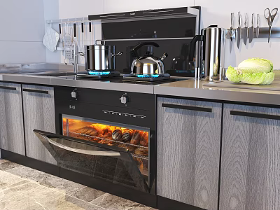 Modern Kitchen With Open Oven Stove Pots Kettle Knives And Gray Cabinets 3d model