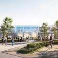 Modern Commercial Street With Glass Curtain Wall Greenery And Pedestrians In Open Space