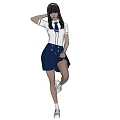 Woman In White Top And Blue Skirt With Long Black Hair Posing Against Black Background