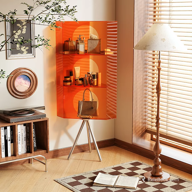 Stylish Orange Glass Storage Shelf With Decorative Items And Handbag 3d model 