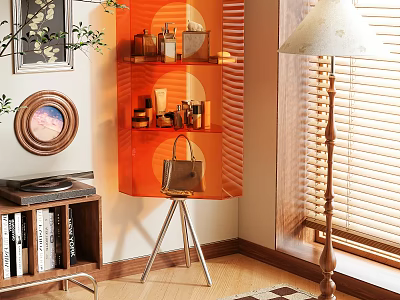 Stylish Orange Glass Storage Shelf With Decorative Items And Handbag 3d model