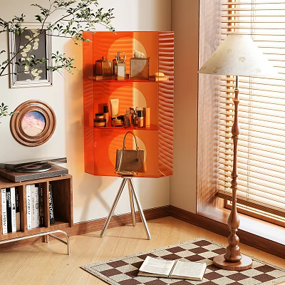 Stylish Orange Glass Storage Shelf With Decorative Items And Handbag 3d model