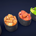 Colorful Sushi In Black Bowls With Cucumber Fish Roe Salmon And Avocado