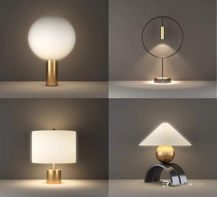 Modern Table Lamp With Spherical Shade Circular Frame White Lampshade And Gold Base 3d model 