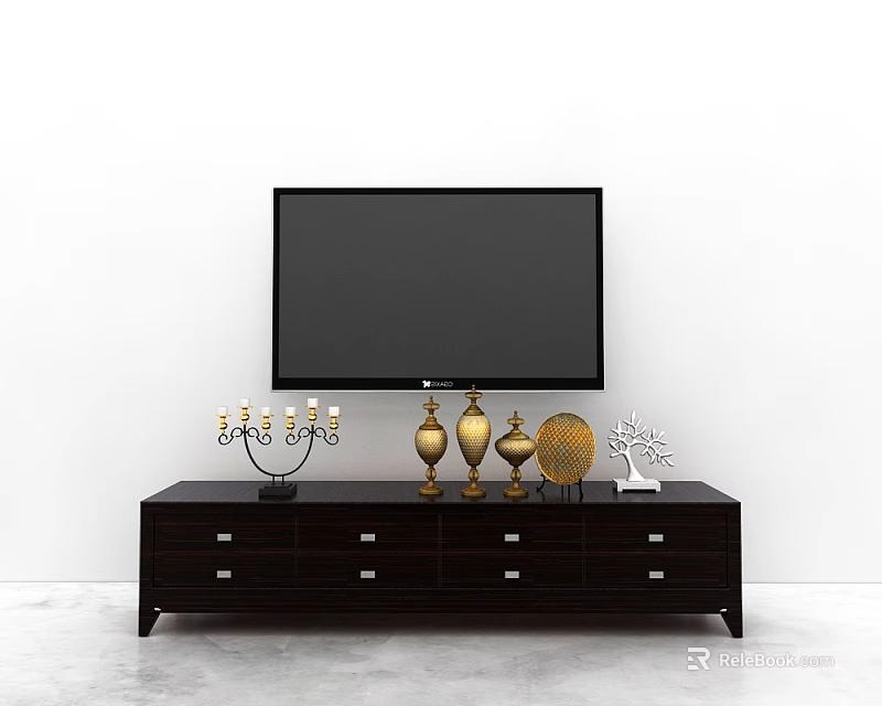 Dark Wood TV Stand with Mounted TV Decorative Candle Holder Gold Vases Plate Tree Decor 3d model 