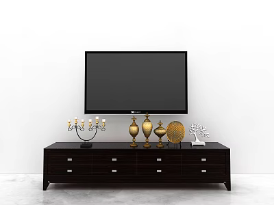 Dark Wood TV Stand with Mounted TV Decorative Candle Holder Gold Vases Plate Tree Decor 3d model