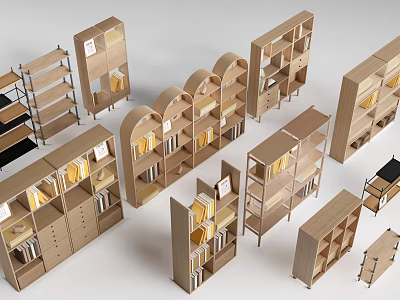 Wooden Storage Shelves With Various Styles And Open Structures For Home Organization 3d model