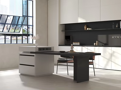 Modern White Kitchen With Central Black Island Counter And Large Window 3d model