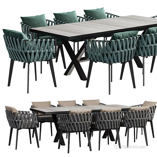 Modern Woven Dining Table Set With Green Chairs And Black Metal Frame 3d model 