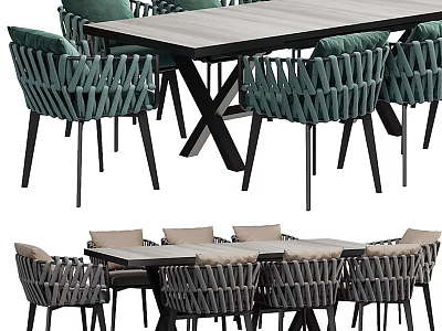 Modern Woven Dining Table Set With Green Chairs And Black Metal Frame 3d model
