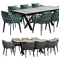 Modern Woven Dining Table Set With Green Chairs And Black Metal Frame