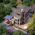 Traditional Detached Villa With Brick Exterior Gabled Roof Chimney Green Lawn And Surrounding Trees