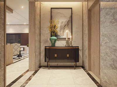 Modern Entryway Corridor Design With Console Table Vase Artwork And Stone Wall 3d model