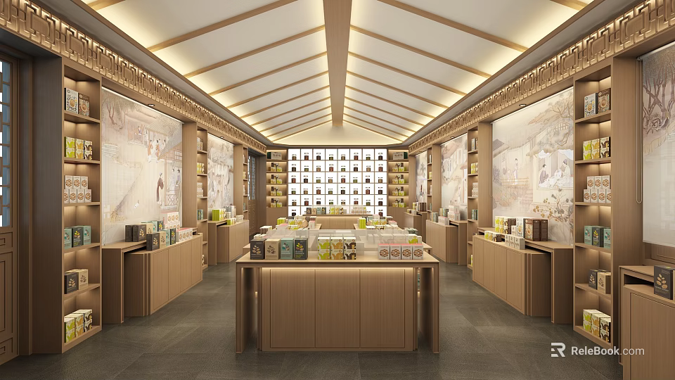 Modern Luxury Sales Office Interior With Wooden Decor Display Shelves Central Counter And Lighting Design 3d model 