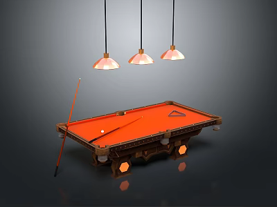 Orange Felt Billiard Table With Wooden Frame And Cue Stick Under Three Pendant Lights 3d model