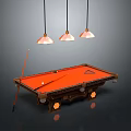 Orange Felt Billiard Table With Wooden Frame And Cue Stick Under Three Pendant Lights