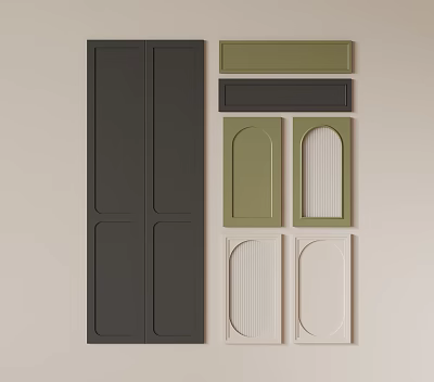 Various Patterned Wardrobe Doors In Dark Green Cream Colors With Panel Designs 3d model